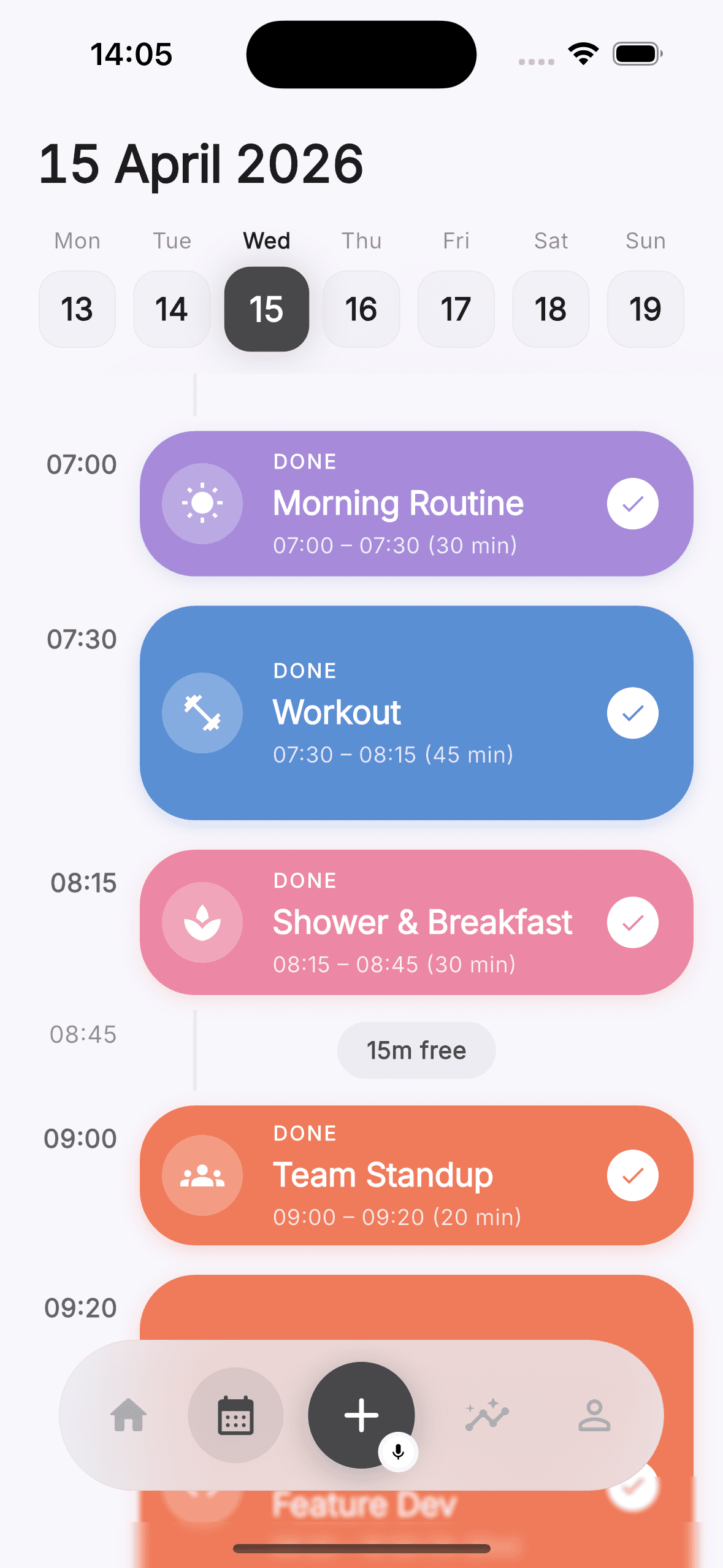 Jist living timeline showing proportional task blocks