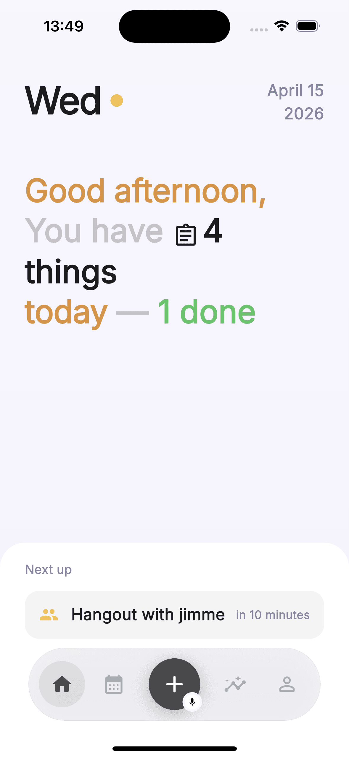 Jist today screen with warm greeting and relative time